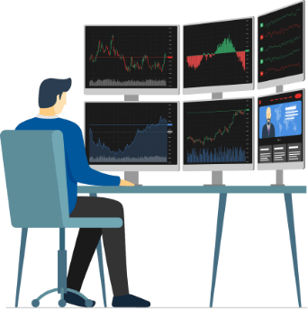 複数モニターを見る男性イラスト